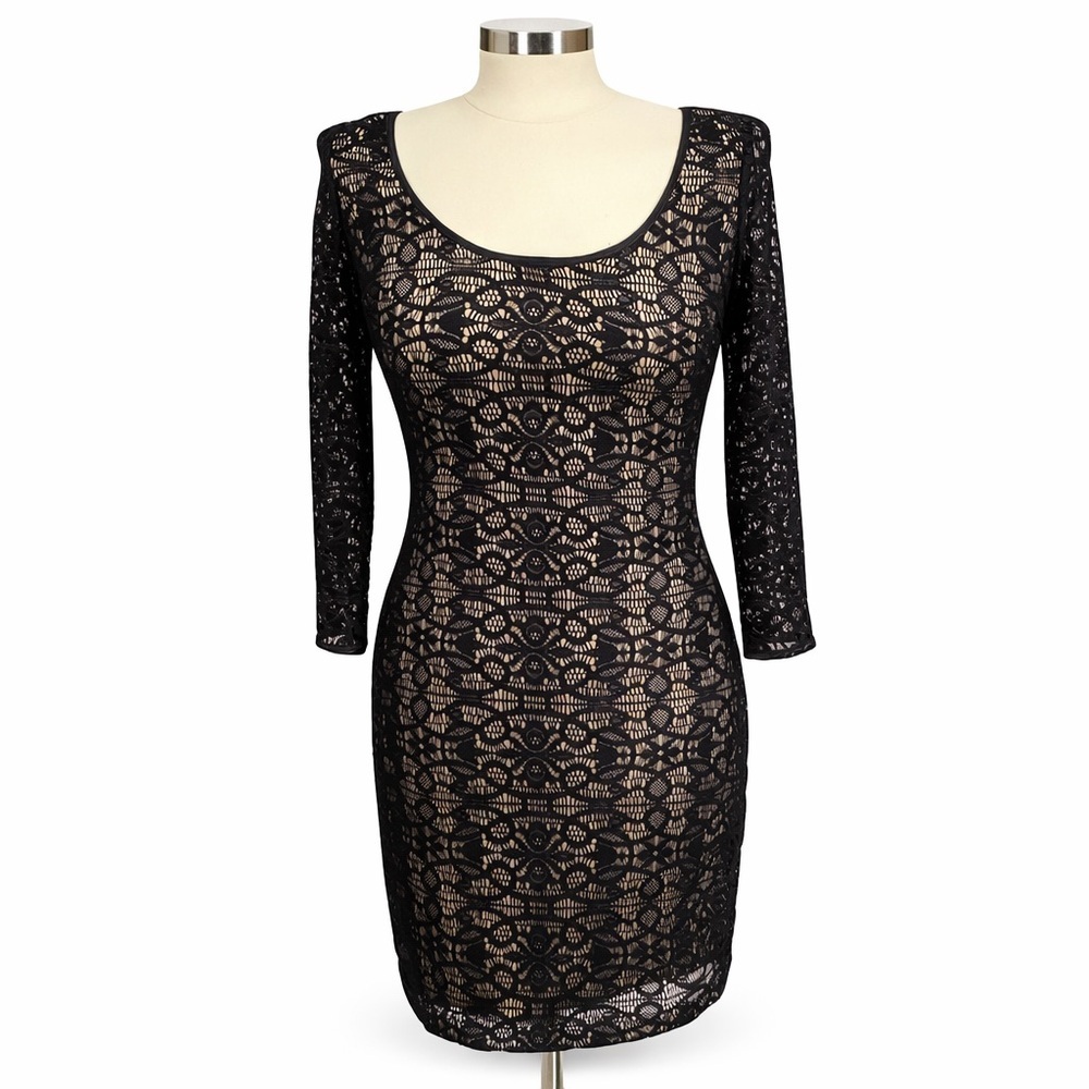 GUESS Lace Bodycon Dress 2 Black Nude Illusion Open Back Sheer Sleeve Sexy